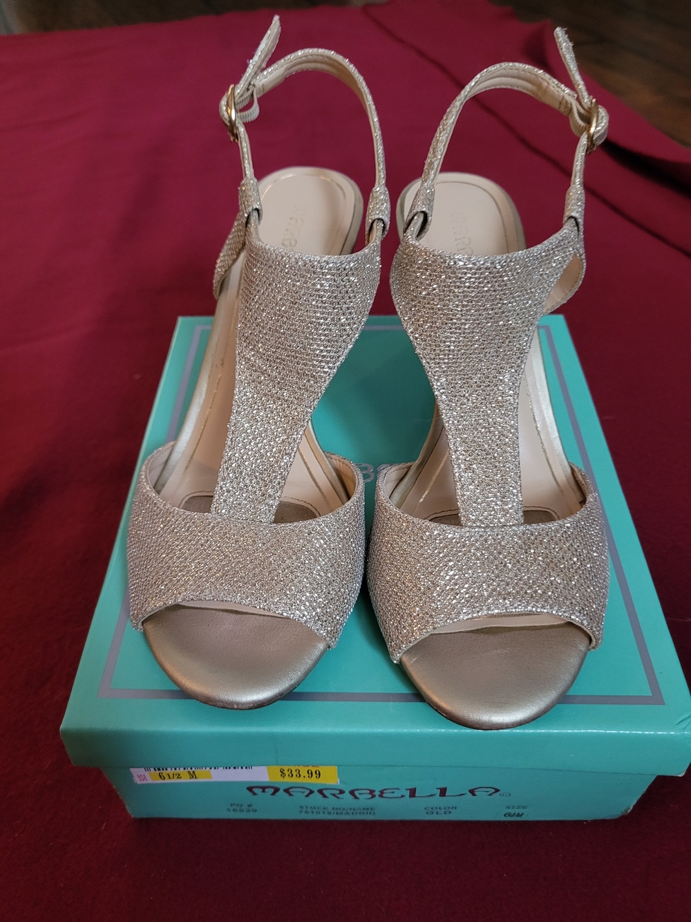 Marbella Gold/Champagne Glitter T-Strap Heels Womens Size 6.5